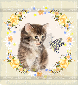 Vintage card with fluffy kitten, roses and - vector EPS clipart