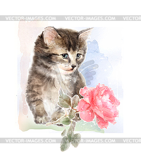 Fluffy kitten with rose. Imitation of watercolor - vector clip art