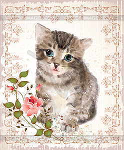 Fluffy kitten with roses and butterfly. Vintage - vector image
