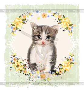 Vintage card with fluffy kitten and roses. Imitatio - vector clipart