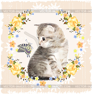 Vintage card with fluffy kitten, butterfly and - vector clip art