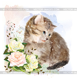 Пушистый котенок с розами. Старинные открытки. - иллюстрация в векторном формате