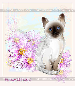 Birthday card with thai kitten and gerberas - vector EPS clipart