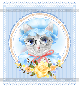 Vintage portrait of cat with glasses and roses. - vector image