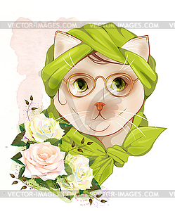 Портрет битник кошка с очками и розами - изображение в формате EPS