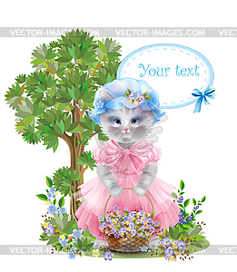 Portrait of funny cat dressed in pink frock with - vector clip art