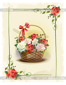 Basket with roses. Vintage birthday card. Holiday - vector image