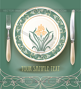 Realistic plate with knife and fork. Menu design - vector clipart