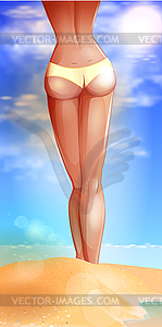 Sexy girl on beach. Female buttocks. Summer day. - color vector clipart