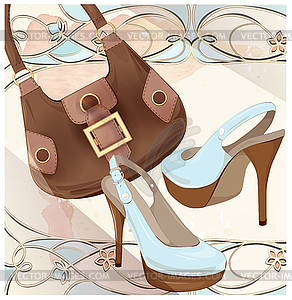 Set of handbag and shoes. Fashion boutique. Seasona - vector image