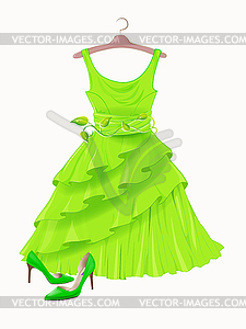 Vintage green silk dress and high-heeled shoes. - vector image