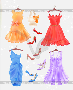 Set of dresses, bag and high-heeled shoes. Dresses - vector EPS clipart
