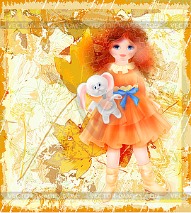 Autumn . Portrait of romantic girl in vintage dress - vector image