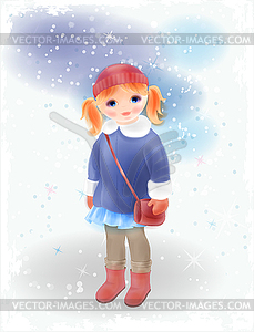 Winter girl with bag in vintage coat and knitted - vector image