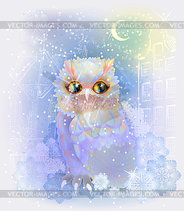 Fairytale owl in snowy city. Christmas and New - vector clipart