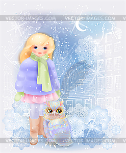 Young girl and fairytale owl in snowy city. - color vector clipart