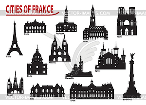 Silhouettes of buildings in cities in France - vector image