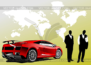 Automobile show with concept-car and men - vector clipart