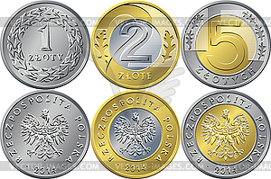Set Polish Money one, two and five zloty coins - vector image