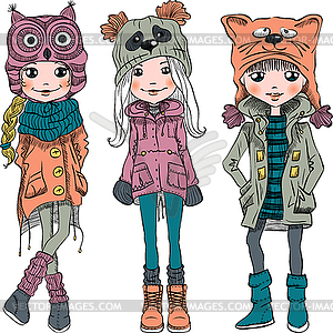 Set cute girls in funny hats - vector image