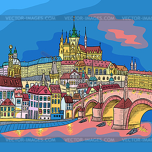 Prague Castle and Charles Bridge - vector clip art