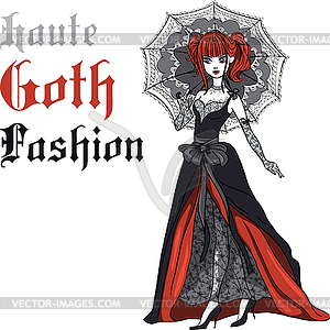 Goth girl in black dress with umbrella - vector clipart