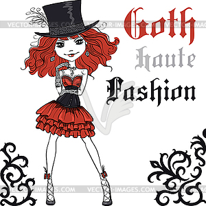 Goth girl in black dress and silk hat - vector EPS clipart