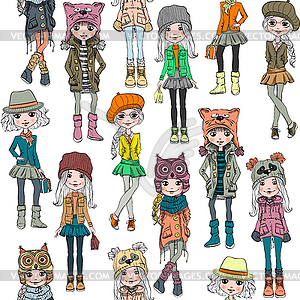 Seamless pattern with cute hipster girl - color vector clipart