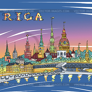 Old Town and River Daugava at night, Riga, Latvia - vector clip art