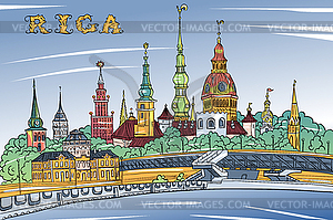 Old Town and River Daugava, Riga, Latvia - vector image