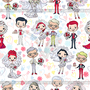 Seamless background with cute bride and groom - vector clip art