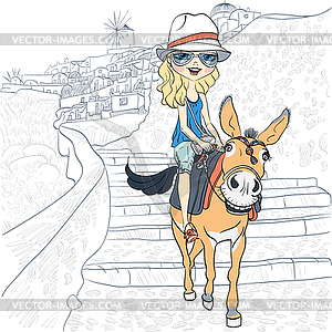 Beautiful girl on donkey in Oia, Santorini - vector clip art