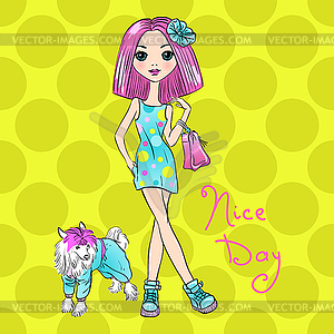 Pop Art cute fashion girl with dog - vector clip art