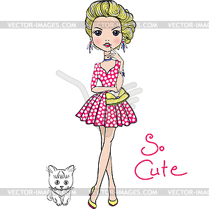 Pop Art cute fashion girl with cat - vector clipart