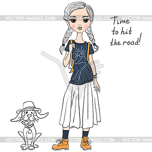 Lovely fashion girl with dog - vector clipart