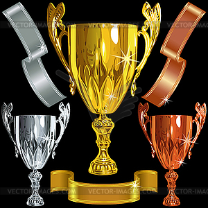 Winning gold, silver, bronze cups and ribbbons - vector clipart