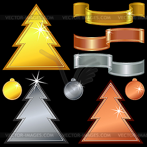 Gold, silver, bronze christmas trees, balls, ribbons - vector image