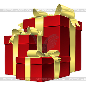 Set red gift box with gold ribbon bow - vector clipart