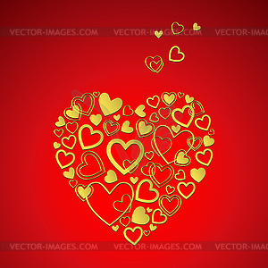 Red Valentine`s Day Card with gold hearts - vector clip art