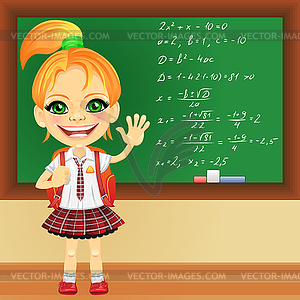 Smiling schoolgirl near blackboard - vector clipart