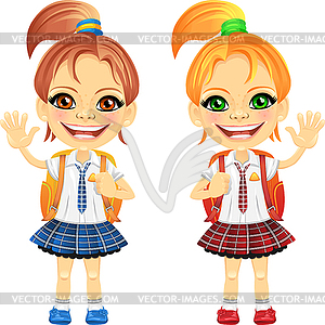 Smiling chestnut and redhead cute schoolgirls - vector clip art