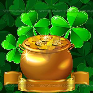 St. Patrick Day card with clover and pot of gold - color vector clipart