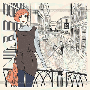 Lovely fashion girl on Venice background - vector clipart