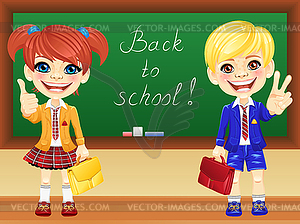 Smiling schoolchildren near blackboard - vector clipart