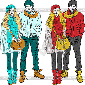 Fashion stylish guy and girl in warm clothes - vector image