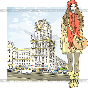 Sketch of stylish girl in city-center - royalty-free vector image