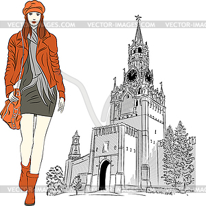 Sketch of lovely fashion girl in Moscow - vector image