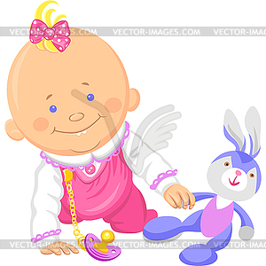 Cute baby girl playing with toy rabbit - vector clipart