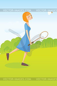 Girl playing badminton - vector clipart