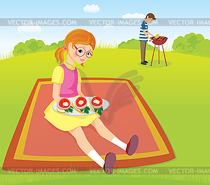 Girl and men on picnic - vector clipart